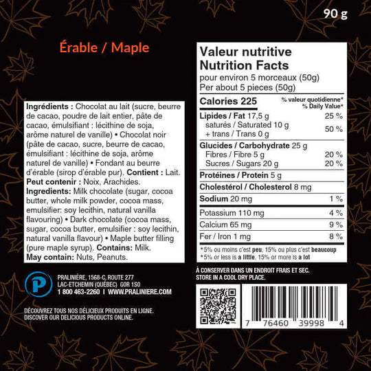 Boite De Chocolat Au Lait Beurre D'érable 16 Mcx 160 G