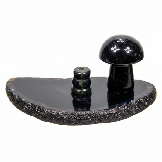 Brûle encens agate champignon noir sur tranche d'agate noire